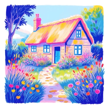 A charming cottage features a thatched roof with a smooth, rounded shape. The walls are made of rustic stone, giving it a quaint appearance. Surrounding the cottage, there is a vibrant array of wildflowers in various colors, including yellow, purple, and red. The garden is lush and overgrown, with green grass and tall grasses swaying gently in the breeze. A small path made of stones leads up to the front door, inviting visitors into this picturesque setting. Sunlight filters through the trees nearby, casting dappled shadows on the ground.