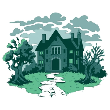 A shadowy mansion stands with ivy-covered walls, the dark green vines curling around the aged stone structure. The windows of the mansion are dark, reflecting the atmosphere of mystery. Above, ominous clouds gather, swirling in shades of gray, casting a foreboding shadow over the scene. The ground around the mansion is overgrown with wild grass, and a cracked pathway leads toward the imposing front door. In the foreground, there are gnarled trees, their twisted branches reaching out as if to grasp the mansion.