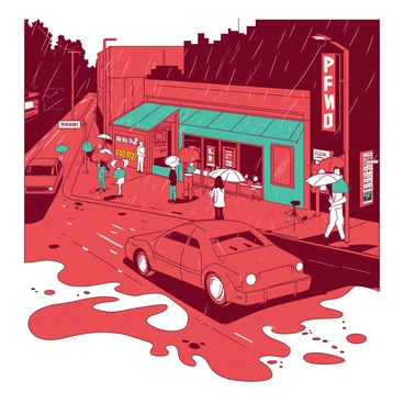 A red city street is bustling with people holding colorful umbrellas. Heavy rain is falling, creating ripples on the surface of the wet pavement. Reflections of neon signs and streetlights can be seen shimmering in the puddles. Cars are driving by, their headlights illuminating the scene. A teal storefront has large glass windows displaying various items inside, and there is a small café with outdoor seating, though the chairs are empty due to the rain.