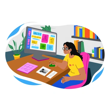 An artist sitting at a wooden desk, focused on their computer screen while using Krita. The artist is a young woman with long black hair, wearing glasses and a colorful t-shirt. On the screen, there are vibrant digital sketches in progress. A timer is prominently displayed next to the screen, showing a countdown in bright red numbers. Scattered around the desk are several printed reference images showcasing various styles and subjects. The background includes a cozy room with a bookshelf filled with art books and plants, adding to the atmosphere of creativity and inspiration.