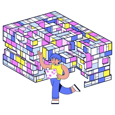 A character with a thoughtful expression is wandering through a complex maze. The walls of the maze are made of stacked books in various colors and sizes. The character has short, tousled hair and is wearing a casual outfit. They are holding a map in one hand while looking around, appearing puzzled. The maze extends in multiple directions, with book spines visible on the walls, creating a rich texture.
