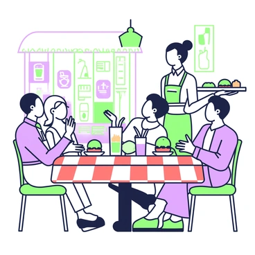 A 1960s diner scene filled with people enjoying their meals. In the center, there is a red and white checked table with four individuals sitting around it. Two of the people are laughing while sipping on milkshakes, which are served in tall glasses with straws. On the table, there are plates with burgers stacked high, garnished with lettuce and tomatoes. In the background, a waitress dressed in a classic uniform is carrying a tray with more milkshakes and a plate of fries. Neon lights and retro decorations are visible along the walls of the diner, contributing to the lively atmosphere.