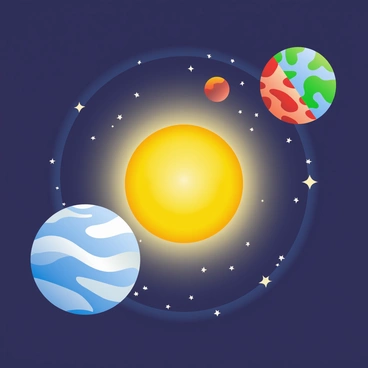 A bright yellow sun is situated at the center of the image, radiating warm light. Surrounding the sun are several planets, each with distinct colors and sizes. A large blue planet is on the left, with swirling white clouds and a prominent ice blue polar cap. To the right, a smaller red planet features rocky terrain and deep canyons. A vibrant green planet is positioned above the sun, showcasing lush vegetation and blue oceans. Each planet is depicted following circular paths, illustrated by light arcs that emphasize their orbits around the sun. The backdrop is a deep navy blue, filled with small, twinkling white stars scattered throughout space.