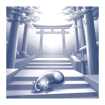A cat resting on stone steps that lead up to a Shinto shrine. The shrine is surrounded by tall, lush trees, creating a natural canopy overhead. The cat is curled up, with its fur softly contrasting against the texture of the stone steps. Traditional Shinto torii gates are visible in the background, framing the entrance to the shrine. Sunlight filters through the leaves, casting dappled shadows on the steps and the cat. The serene atmosphere is conveyed through the composition of the scene.