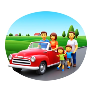 A family pushing a vintage car that has broken down on a countryside road.