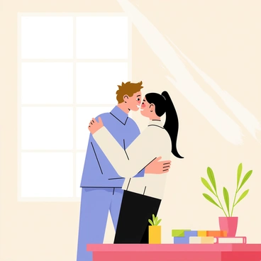 A cozy interior scene featuring two people in a warm embrace. The individuals are standing near a window, which allows sunlight to stream in, casting soft light across the room. The sunlight creates gentle highlights on their faces, enhancing the warmth of the moment. One person has short brown hair and is wearing a light blue shirt, while the other has long black hair in a ponytail and is dressed in a white sweater. The background includes a simple wooden table with a small potted plant and a few scattered books, adding to the intimate atmosphere of the scene.