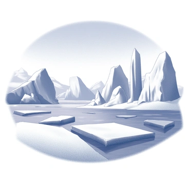 A vast, icy landscape is depicted with large, towering glaciers that have sharp, jagged edges. Several icebergs float in a calm sea, their surfaces reflecting the sun's light. The sky is clear, showcasing a bright, expansive blue above the icy terrain. Snow covers the ground, adding to the pristine, cold atmosphere. In the distance, more glaciers can be seen, creating a sense of depth and scale within the scene. The overall composition emphasizes the stark beauty of this frozen environment.