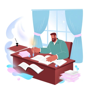 An English poet is seated at an antique wooden desk with a quill in hand, deeply immersed in writing on parchment. The desk is cluttered with several open books and a small inkpot, reflecting the poet's creative process. A flickering candle casts warm, soft light, creating gentle shadows across the desk and illuminating the poet's focused expression. Behind the desk, there is a window with heavy drapes partially drawn to reveal a night sky twinkling with stars. A stack of manuscripts lies beside the desk, hinting at the poet's accumulated works.