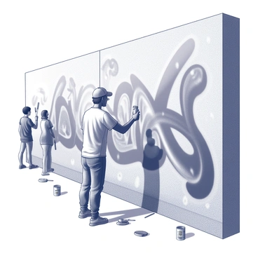 A street artist is standing in front of a large city wall, actively painting a graffiti mural. The artist is wearing a cap and casual clothes, holding a spray can in one hand. The mural features intricate patterns and bold shapes. The wall is covered with various strokes and outlines, showcasing the artist's creative process. Surrounding the wall are scattered paint cans and brushes, while a few pedestrians can be seen in the background, observing the artist at work.