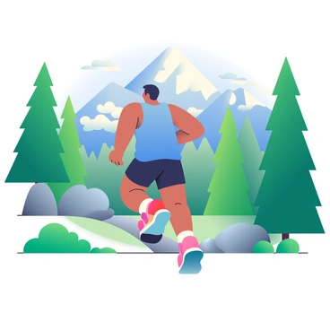A person with a light brown skin tone is jogging along a scenic trail. They are wearing a bright blue tank top and black shorts, with running shoes that have colorful accents. The trail is surrounded by tall, green trees with lush foliage. In the background, there are majestic mountains with rocky peaks partially covered in snow. The sky is clear with a few fluffy white clouds scattered. The sunlight filters through the leaves, creating dappled light on the ground.