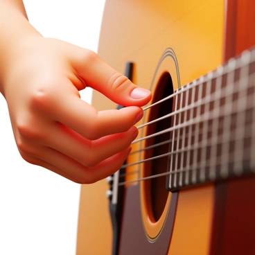 A close-up view of fingers skillfully picking chords on a guitar. The fingers are positioned on the fretboard, with a clear focus on the strings. The guitar body has a polished finish, reflecting light. The fingernails are slightly visible, showcasing the motion of strumming. The background is softly blurred to emphasize the fingers and the guitar. The strings vibrate as they are played, adding a sense of movement to the image.