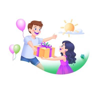 A scene depicting a child with short brown hair, wearing a light blue t-shirt and denim shorts, beaming with a big smile. The child is extending their arms forward, presenting a brightly wrapped gift with a colorful bow on top. In front of them stands a friend with curly hair, wearing a red dress, looking excited and surprised. The background has a few balloons floating and a sunny sky, enhancing the joyful atmosphere of friendship.