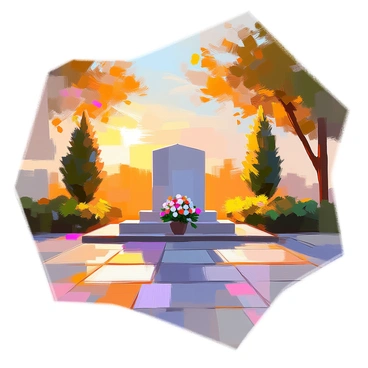 A memorial site featuring a stone monument surrounded by lush greenery. The scene is illuminated by the golden hues of a setting sun, casting warm light over the monument. Soft shadows stretch across the ground, enhancing the tranquility of the setting. Flowers are placed at the base of the monument, and a gentle breeze is seen rustling the leaves of nearby trees. The sky is filled with shades of orange and pink, creating a serene backdrop for the memorial.