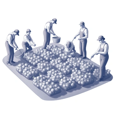 A field filled with rows of ripe fruits and vegetables, showcasing a variety of produce ready for harvest. Farmers are actively engaged in gathering the produce, with some bending down to pick fruits from the ground and others using baskets to collect their findings. The scene includes multiple farmers, dressed in work attire, smiling and communicating with one another as they work together. Sunlight casts shadows across the ground, highlighting the textures of the leafy plants and the vibrant produce. The atmosphere conveys a sense of community and effort, with tools like hand rakes and baskets visible in the scene.