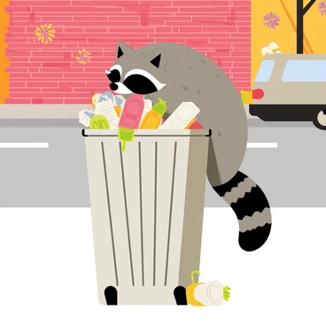 A raccoon with gray fur and a distinctive black mask is rummaging through an overflowing trash can. The trash can is metallic and has various items spilling out, including crumpled papers, empty plastic bottles, and food wrappers. The surrounding city street has gray pavement, a brick building in the background, and a parked car nearby. Some scattered leaves and a few colorful graffiti tags are visible on the wall behind the raccoon, adding to the urban atmosphere.