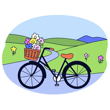 A vintage bicycle with a classic design, featuring a black metal frame and brown leather seat. The bicycle has a woven wicker basket attached to the front, filled to the brim with colorful blooming flowers. The scene includes a winding country road lined with green grass and a few wildflowers peeking through. In the background, there are rolling hills under a clear blue sky.