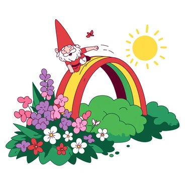 A red garden gnome with a cheerful expression is sliding down a yellow rainbow that arches gracefully over a green lush garden filled with vibrant flowers and thick green grass. The gnome's red hat is slightly tilted as he enjoys the slide, and his white beard flows behind him. Below the rainbow, colorful flowers in shades of pink and purple bloom abundantly in the garden, while small butterflies flutter around the scene, adding life to the cheerful atmosphere. The sun shines brightly, casting a warm light over the entire garden.
