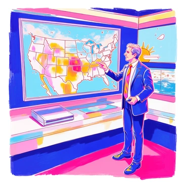 A meteorologist at a news station is standing in front of a large monitor displaying an illustration of an "occluded front." The meteorologist is wearing a tailored suit and a colorful tie. They are pointing towards the screen with one hand while holding a remote in the other. The screen shows a detailed diagram featuring sections of weather fronts, various symbols for precipitation, and arrows indicating wind direction. The studio is brightly lit, and there are additional monitors in the background displaying other weather graphics.