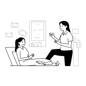 A physiotherapist is standing next to a patient who is sitting on a treatment table in a clinical setting. The physiotherapist is demonstrating pelvic floor exercises, using their hand to illustrate the correct movements. The physiotherapist is wearing a short-sleeve polo shirt and has a focused expression, while the patient, wearing comfortable athletic wear, is attentively watching and following the instructions. The room is equipped with various exercise mats and rehabilitation tools in the background.