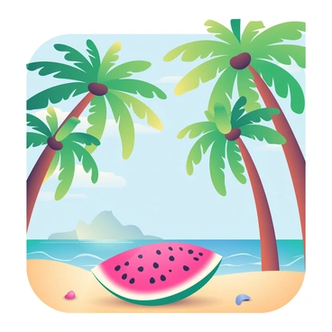 A vibrant tropical landscape features several tall palm trees with lush green fronds swaying gently in the breeze. In the foreground, a large, juicy watermelon slice with bright pink flesh and black seeds is positioned on a sandy shore. The beach is dotted with small seashells and the waves of the turquoise ocean lap softly at the shore. The sky is clear with a few fluffy white clouds scattered across the blue expanse. The sunlight casts warm, golden tones over the scene, enhancing the tropical atmosphere.