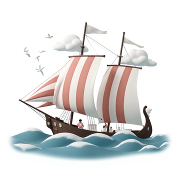 A medieval cog ship with a sturdy wooden hull is navigating the high seas. The ship's two large sails are billowing dramatically in the strong wind, displaying a vibrant pattern of red and white. The ocean is turbulent, with large waves crashing against the ship's bow. Seagulls are flying overhead, and the sky is partly cloudy, hinting at an impending storm. The crew is visible on deck, with one sailor at the helm, focused on steering the ship. The ship's stern features intricate carvings, showcasing the craftsmanship of the era.