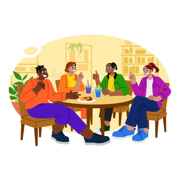 A cozy café interior with warm lighting and wooden furniture. Several "Overwatch heroes" are seated around a round table, each showcasing their distinct outfits and personalities. One hero is animatedly gesturing while sharing a story, while another hero is visibly laughing, their smile wide and eyes bright. A third hero is sipping a colorful drink with a straw, and nearby, a plate filled with pastries is resting on the table. The background features shelves lined with books and plants, adding to the friendly atmosphere of the café.