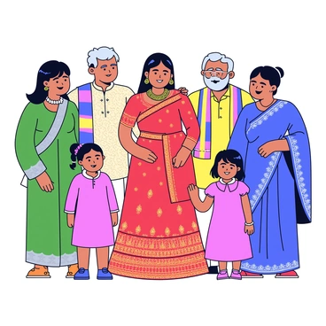 An Indian bride wearing a richly embroidered red lehenga with intricate gold patterns. She has a beautiful gold necklace and matching earrings adorning her neck. Surrounding her are family members, each dressed in vibrant wedding attire. A woman in a green saree intricately designed with silver motifs stands to her left, while a man in a traditional cream kurta and matching pajama is beside her, showcasing a colorful scarf draped over one shoulder. To her right, a young girl is wearing a bright pink lehenga, and an older relative in a royal blue saree with elaborate embellishments completes the scene. The family members have joyful expressions, celebrating the wedding occasion together.