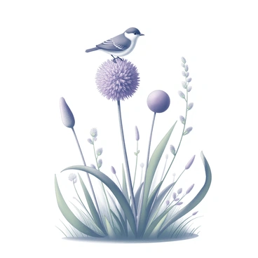 A small bird with delicate features sits atop a tall allium flower, its round purple blossoms prominently displayed. The bird's body is angled slightly to one side, showcasing its feathers in intricate detail. Surrounding the allium, there are lush green leaves and soft grasses, creating a vibrant natural setting. The background features additional wildflowers and gentle curves of the landscape, enhancing the sense of a serene outdoor environment. The overall composition captures the interaction between the bird and the flower in this tranquil scene.