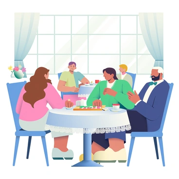 An elegant tea room is filled with natural light streaming through large windows adorned with sheer white curtains. In the center, there are several round tables draped in delicate lace tablecloths, each set with fine china tea cups and small plates of pastries. A group of guests, dressed in sophisticated attire, is seated at one table, engaged in a game of backgammon. One player, a woman with long, wavy brown hair, is poised to make her move, while a gentleman with a neatly trimmed beard observes intently. The atmosphere is lively, with soft conversations and the gentle clinking of tea cups. Fresh flowers in vases add a touch of color to the room, enhancing the overall charm.