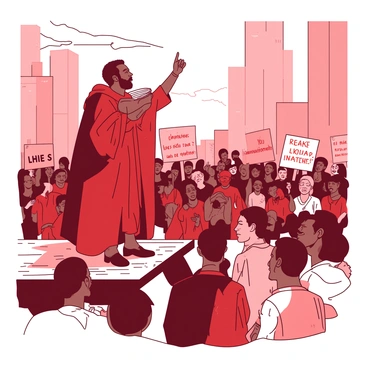 A red-cloaked abolitionist stands confidently on a wooden platform, passionately addressing a captivated crowd. The crowd is composed of diverse individuals, both men and women, who listen intently with expressions of hope and determination. The background features tall buildings, hinting at an urban setting. Dim sunlight breaks through the clouds, casting a warm glow over the scene. The abolitionist raises one hand emphatically, while the other clutches a stack of papers. Some crowd members are holding handmade signs, with powerful phrases written on them. The atmosphere is charged with energy as the people's faces reflect their commitment to the cause.