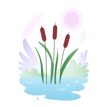Tall reeds are standing upright, their slender green stems swaying gently in the breeze. The background features a marshland with patches of soft, muted colors representing the water and lush vegetation. The sun is casting a warm glow, creating a peaceful atmosphere, while small ripples can be seen on the water's surface, reflecting the gradient pastel colors of the sky above.