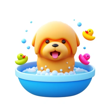 A fluffy dog enjoying a bath, with a few rubber duckies floating in the water