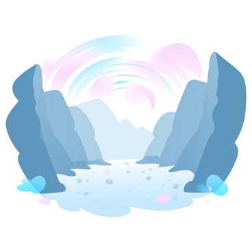 Sound waves are illustrated as vibrant, undulating lines radiating from a central point. The lines spread outwards in a series of concentric arcs, varying in thickness and color, creating a visual rhythm. The deep canyon is depicted with towering rocky cliffs on either side, casting shadows on the canyon floor. The ground is textured with pebbles and sparse vegetation, while the sky above is a gradient of pastel colors transitioning from soft pink to pale blue.