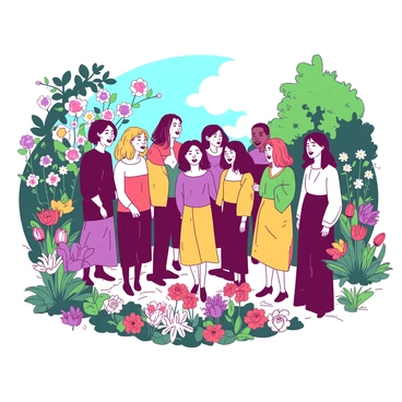 A group of singers is standing in a vibrant garden filled with a variety of blooming flowers. Each member of the choir is wearing matching outfits in different shades to create a harmonious look. The garden is bursting with colors from flowers like roses, daisies, and tulips, while greenery adds a fresh backdrop. Sunlight filters through the leaves overhead, casting gentle shadows on the ground. The choir is engaged in a passionate performance, with some members smiling and others in focused expression, creating an atmosphere of joy and musical celebration.