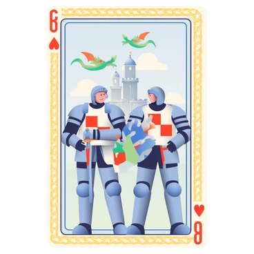 A medieval-themed playing card features two knights in shining armor standing prominently in the foreground. Each knight holds a detailed sword, with one knight displaying a vibrant blue crest on his shield and the other sporting a red crest. Behind them, a majestic castle with tall towers and battlements rises against a clear sky. In the background, two dragons soar gracefully through the air, their wings spread wide as they glide over the castle. The intricate design of the playing card is embellished with ornate borders and patterns, adding to the overall medieval aesthetic.