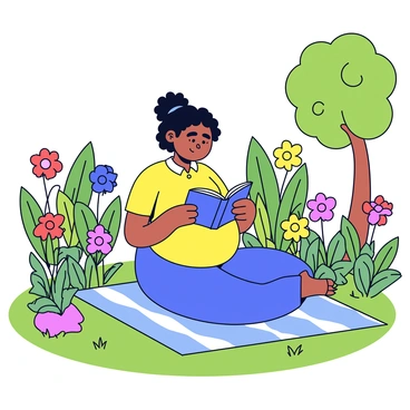 A pregnant mother with a round belly is sitting on a comfortable blanket spread out on the grass. She is holding an open book in her hands, focused on reading. Around her, colorful flowers of various shapes and sizes bloom, creating a vibrant setting. The garden is lush and green, with tall grass and leafy plants surrounding her. Sunlight filters through the leaves of nearby trees, casting gentle shadows on the ground.