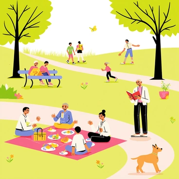 A sunny park scene filled with people engaging in various activities. In the foreground, a family is having a picnic on a bright red and white checkered blanket, with a picnic basket and colorful plates of food. Nearby, a group of children is playing frisbee, their laughter evident as they run around. An elderly couple is sitting on a bench, sharing a smile while reading a book. In the background, a woman is jogging along a winding path, with trees providing shade on either side. Bright flowers are blooming along the path, adding color to the scene. A playful dog is chasing a butterfly, bringing a sense of joy to the park atmosphere.