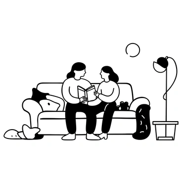 A couple sitting closely on a sofa, one person holding an open book in their hands. The other person leans in, pointing at a page as they discuss the content. Around them, there are scattered pillows on the sofa and a small side table with a steaming cup of tea. A soft blanket is draped over one end of the sofa. A floor lamp illuminates the scene, casting gentle shadows. The overall composition conveys a cozy and intimate atmosphere.