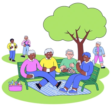 A group of seniors sitting on a green park bench under a large tree. They are smiling and laughing together. One senior is holding a deck of playing cards, while another is playing checkers on a small board placed on the bench. A nearby picnic blanket is spread out with a basket filled with snacks and drinks. In the background, there are other seniors walking along a path, enjoying the day. The sun is shining brightly, casting soft shadows on the grass.