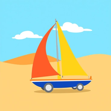 A colorful sailboat with a large, billowing sail is mounted on a set of sturdy wheels. The sailboat is in motion, gliding rapidly across an expansive, sandy desert landscape. The desert is dotted with gentle dunes that rise and fall in the background. The sky above is bright blue with a few fluffy white clouds drifting by. Sunlight casts clear shadows on the sand, emphasizing the sailboat's speed. The scene conveys a sense of adventure and whimsy as the sailboat navigates the unusual terrain.