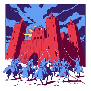 A red castle with tall, imposing walls is at the center of the scene. Knights in shiny blue armor are fiercely storming the wooden gates of the castle, their swords drawn and shields raised. The sky above is filled with dark, swirling clouds, adding tension to the atmosphere. Flaming arrows are being shot from the castle's battlements, illuminating the scene with a fiery glow. Some knights are on horseback, charging forward, while others are scaling the walls using ladders. The ground is scattered with debris and the remains of previous battles, enhancing the intensity of the siege.