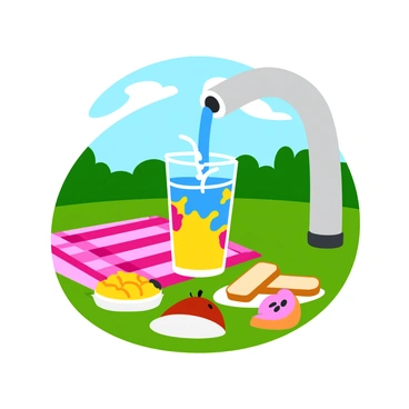 A refreshing drink being poured from a hose into a colorful cup at a summer picnic.