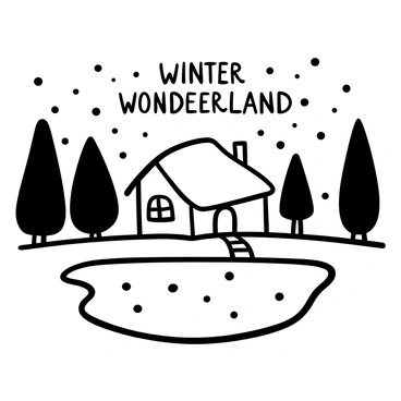 A quaint house with a sloped roof is surrounded by a snowy landscape. Snowflakes are falling gently from the sky, covering the ground in a thick layer of snow. A frozen pond is visible in front of the house, its surface smooth and reflective. Tall trees, dusted with snow, frame the scene, creating a serene atmosphere. "Winter Wonderland" is written in elegant letters across the top of the image.