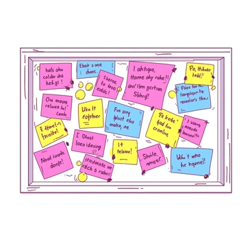 A bulletin board with a white wooden frame is filled with an array of sticky notes in various sizes and shapes. Each sticky note is a different shade, including vibrant pink, yellow, and blue. The notes are haphazardly arranged, some overlapping, creating a lively mosaic of thoughts and opinions. Handwritten phrases in black ink are visible on each note, expressing diverse ideas and sentiments. A few notes are pinned with colorful push pins, adding to the dynamic appearance of the bulletin board.