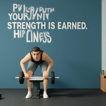A gym wall, painted in dark blue color, is adorned with several motivational quotes in bold white letters, including "Push Your Limits" and "Strength is Earned." In the foreground, a person, wearing a black tank top and gray shorts, is bent over a gym bench, preparing to perform hip thrusts. The person has a focused expression and is adjusting a barbell resting on their hips. The gym floor is made of dark rubberized material, and some workout equipment is visible in the background.