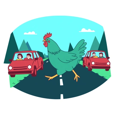 A teal chicken is confidently striding across a black asphalt road, with one leg lifted in mid-step. The chicken has a determined expression on its face, embodying a sense of purpose. On either side of the road, several vehicles with red and orange bodies are coming to a halt, their drivers peering out with surprised looks. The road is lined with green grass and a few trees in the background, enhancing the scene. The sky above is a vibrant blue, adding contrast to the overall illustration.
