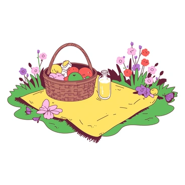 A yellow picnic blanket is spread on a green meadow, with a woven basket resting on one side. The basket is filled with various fruits and sandwiches, and a bottle of lemonade stands next to it. Surrounding the blanket, there are colorful flowers in shades of pink, red, and purple blooming vividly. Soft green grass extends across the meadow, and a few butterflies flutter nearby, adding life to the scene.