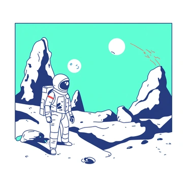 An astronaut in a white suit with a reflective visor is standing on a distant planet's surface. The landscape features unusual rock formations in various shapes and sizes, including tall spires and wide, flat boulders. The ground is a mix of textured surfaces, some areas are smooth while others are rough and jagged. In the background, two moons are visible in a teal sky, adding to the alien atmosphere. The astronaut is scanning the environment with a handheld device, and a faint orange glow emanates from one of the rock formations.