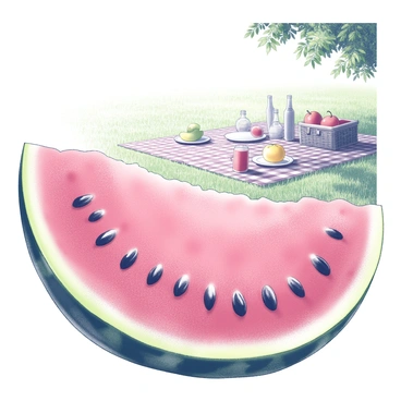 A close-up of a watermelon slice, showcasing its vibrant pink flesh, dotted with black seeds. The texture of the watermelon is detailed, highlighting the shiny surface and the glistening juice. In the background, a picnic scene unfolds, featuring a checkered blanket spread on green grass. There are various picnic items visible, such as a wicker basket, a few plates with fruits, and a bottle. Soft sunlight filters through the leaves of nearby trees, creating a pleasant outdoor atmosphere.