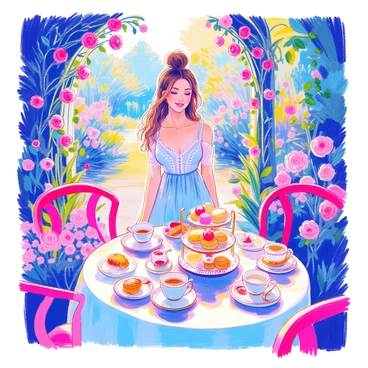 A woman with long brown hair tied in a bun is standing in a beautifully decorated garden. She is wearing a light blue floral dress with lace details. The table is set with an elegant white tablecloth and fine china teacups. There is a tiered cake stand filled with assorted pastries and finger sandwiches. Surrounding the table, vibrant flower arrangements in various colors brighten the scene. In the background, a decorative archway with climbing roses frames the garden space. Sunlight filters through the trees, creating a warm ambiance.
